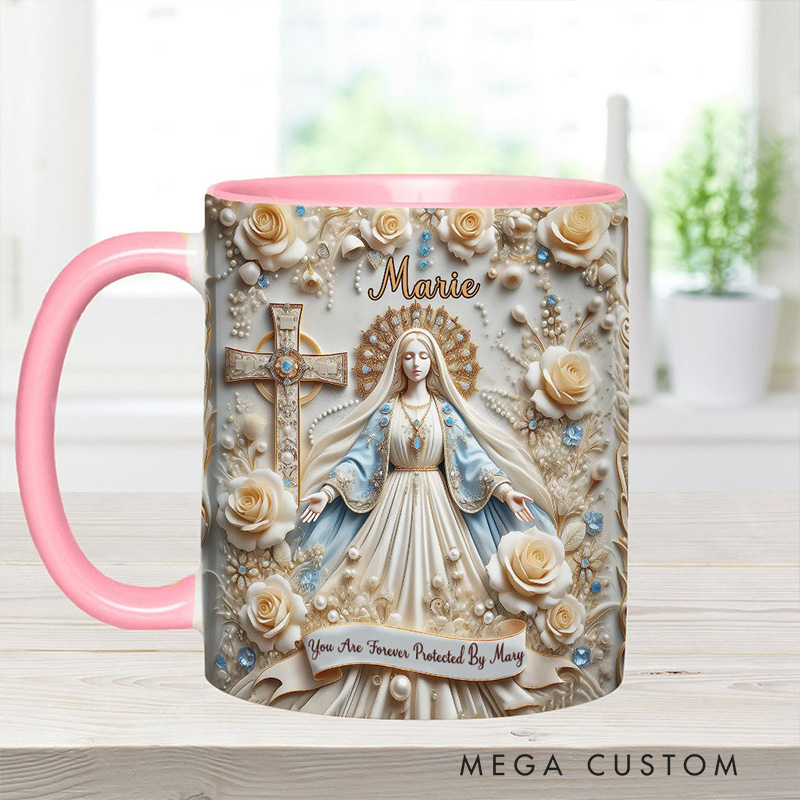 Personalized you are Forever Protected by Mary Ceramic Mug with Name Religious Inspirational Gift Catholic Gift for Women