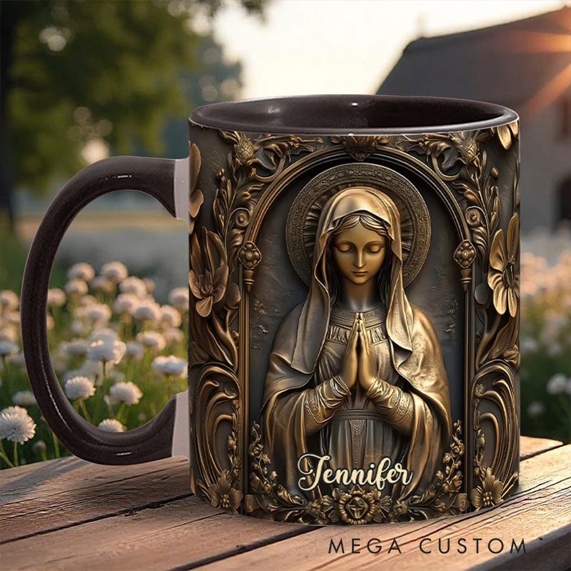 Personalized Vintage Virgin Mary Ceramic Mug with Name Religious Inspirational Gift Catholic Gift for Women