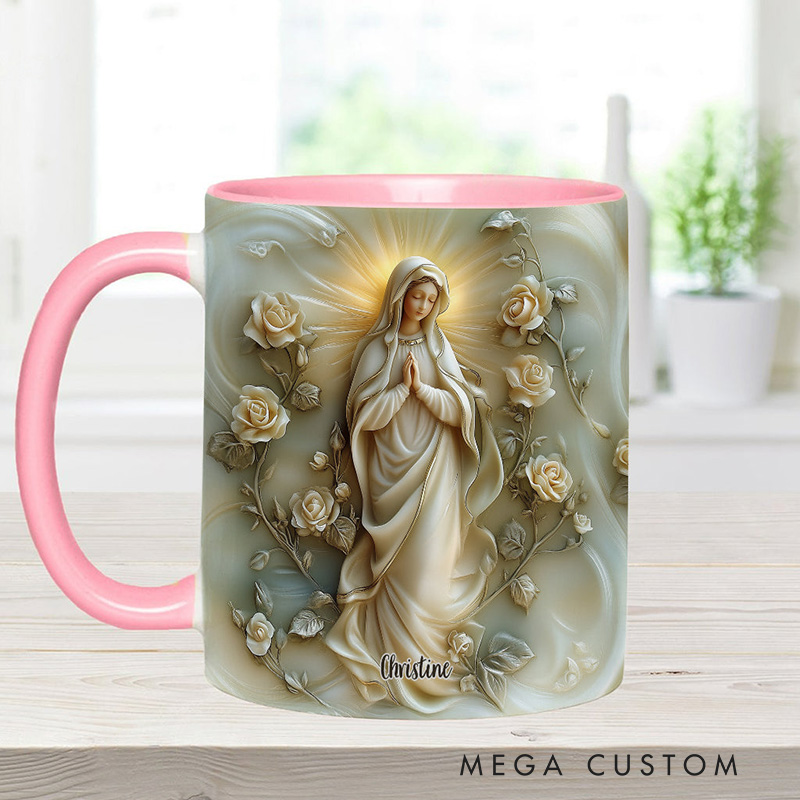 Personalized Virgin Mary Floral Ceramic Mug with Name Religious Inspirational Gift Catholic Gift for Women