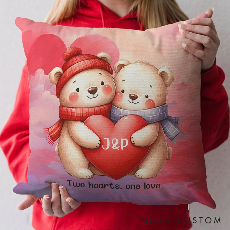 Personalized Cartoon Couple Bear in Love Pillow Custom Newlyweds Name Beer Heart Pillow Valentine's Day Gift for Husband Wife Boyfriend Girlfriend