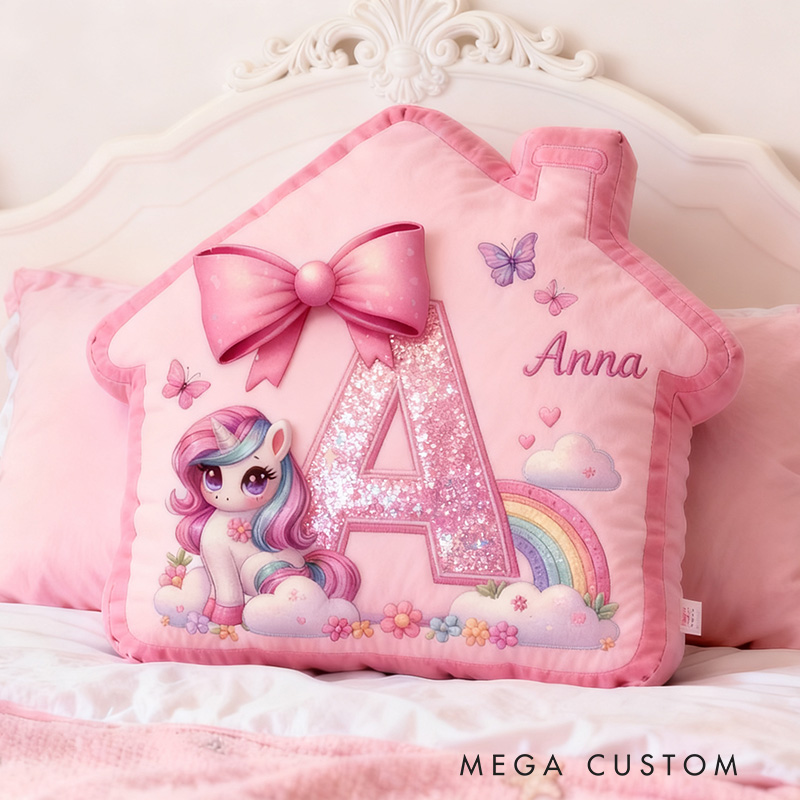 Personalized Unicorn Pillow Pink House-Shaped 26 Letters Custom Name Design Perfect for Girl's Bedroom Decor and Gift Idea Graphic 3D Print