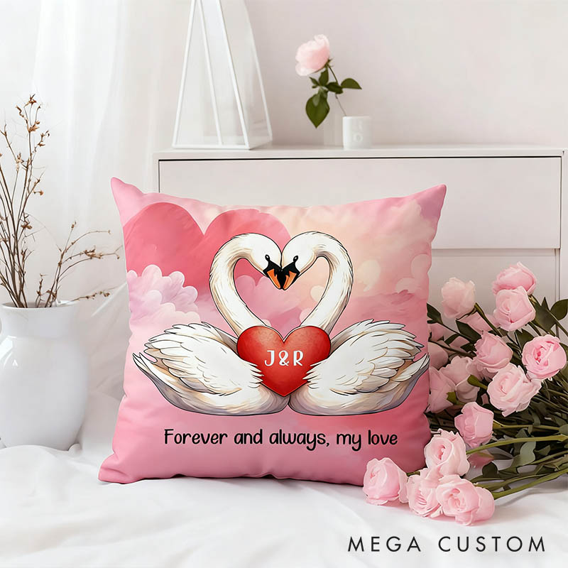 Personalized Cartoon Couple Swans in Love Pillow Custom Newlyweds Name Swans Heart Pillow Valentine's Day Gift for Husband Wife Boyfriend Girlfriend