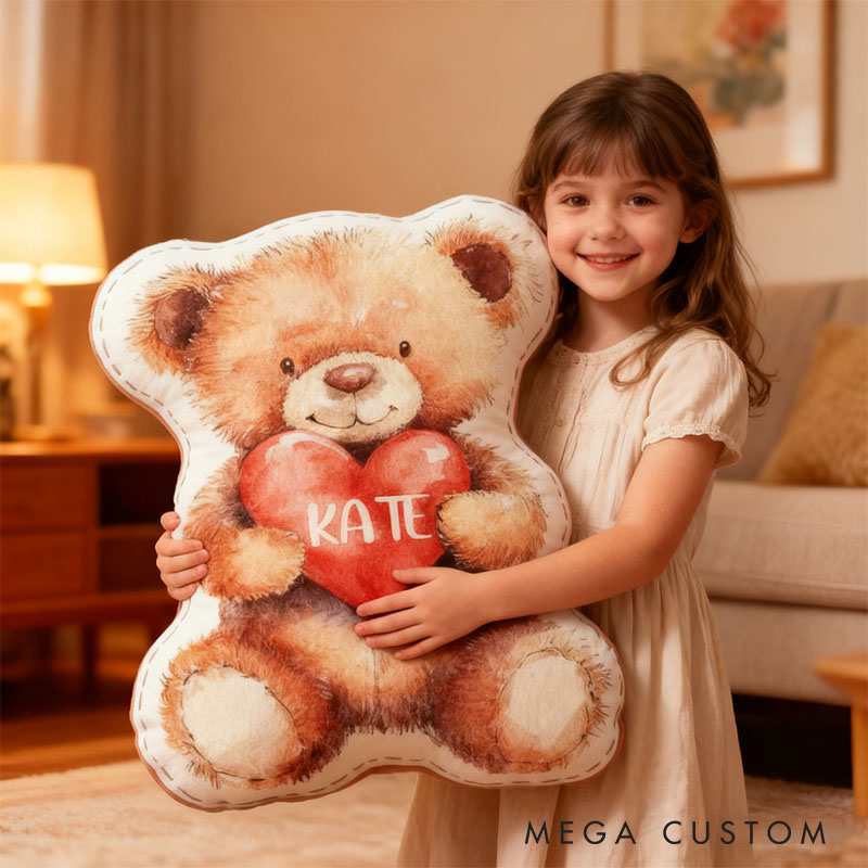 Personalized Flower Girl Bear Heart Pillow with Name Custom Couple Initials Cushion Valentine's Day Gift for Girl Christmas Gift for Girlfriend Wife