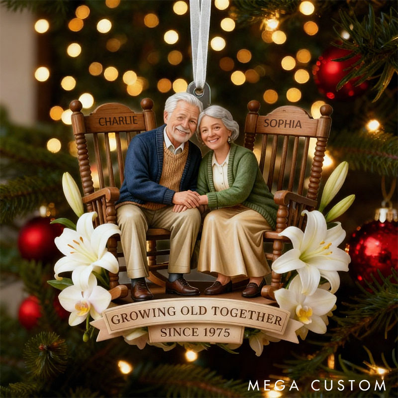 Personalized Growing Old Together Anniversary Ornament Couple 2D Flat Acrylic Ornament with Flowers Sitting Together Vintage Christmas Gift