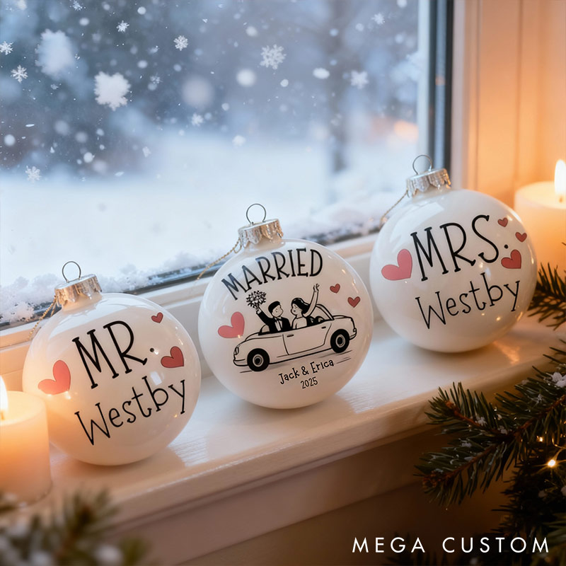 Personalized Mr and Mrs Matching Christmas Ball Ornament Our First Christmas Ornament Set For Newlywed Couple Wedding Ornament Keepsake