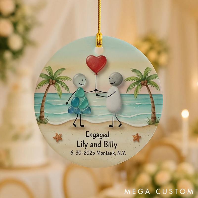 Personalized Faux Sea Glass Couple 2D Flag Chrismas Tree Couple Ornament Chrismas Decoration Gift for Husband Wife for Girfriend Boyfriend