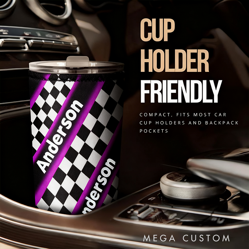 Personalized Checkered Racing Tumbler Custom Name Stainless Steel Travel Mug Gift for Racers and Racing Lovers