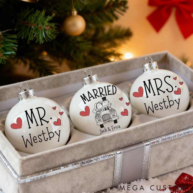 Personalized Mr and Mrs Matching Christmas Ball Ornament Our First Christmas Ornament Set For Newlywed Couple Wedding Ornament Keepsake
