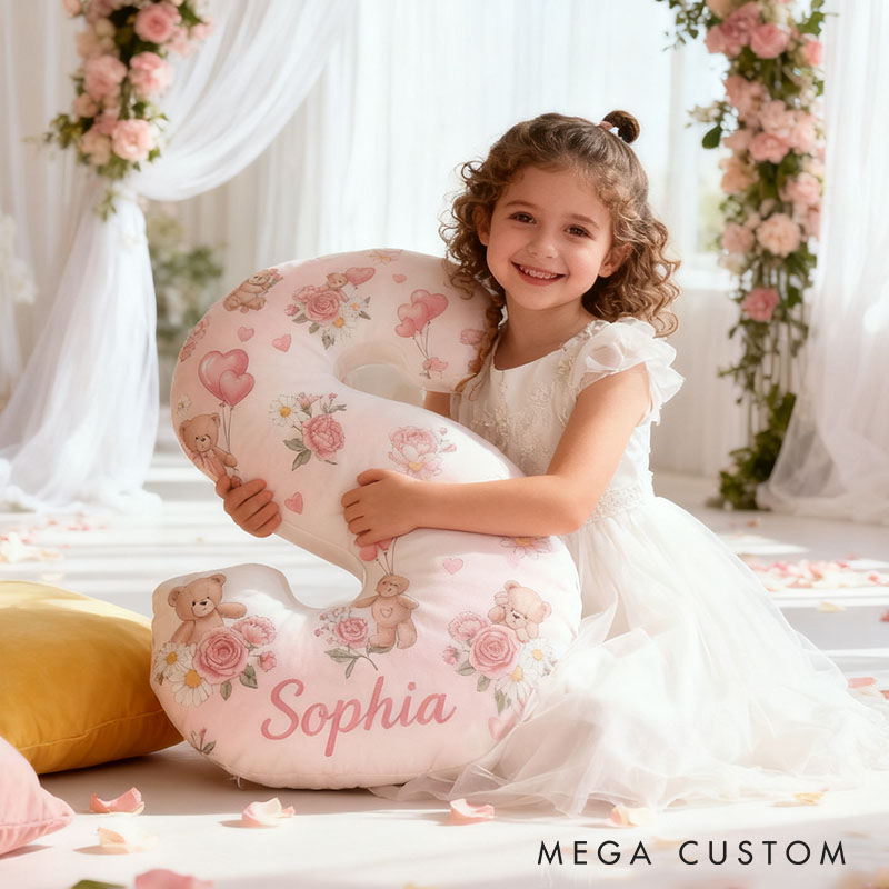 Personalized Flower Girl Pink Floral Bear Heart Balloon Letter Pillow Custom Couple Cushion Wedding Gift for Girl Christmas Gift for Girlfriend Wife