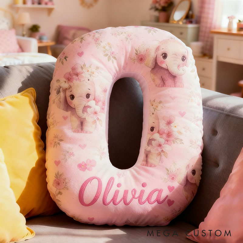 Personalized Flower Girl Pink Floral Elephant Heart 26 Letter Pillow Custom Girl Name Cushion Wedding Gift for Girl Christmas Gift for Girlfriend Wife