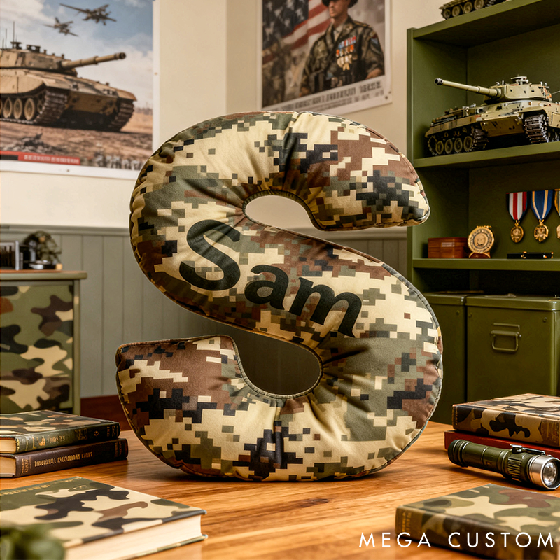 Personalized Camo Throw Pillow Initial Shaped Pillow Custom Throw Pillow with Name Military Style Pillow Gift for Men Boys Military Adventure-Themed Gifts