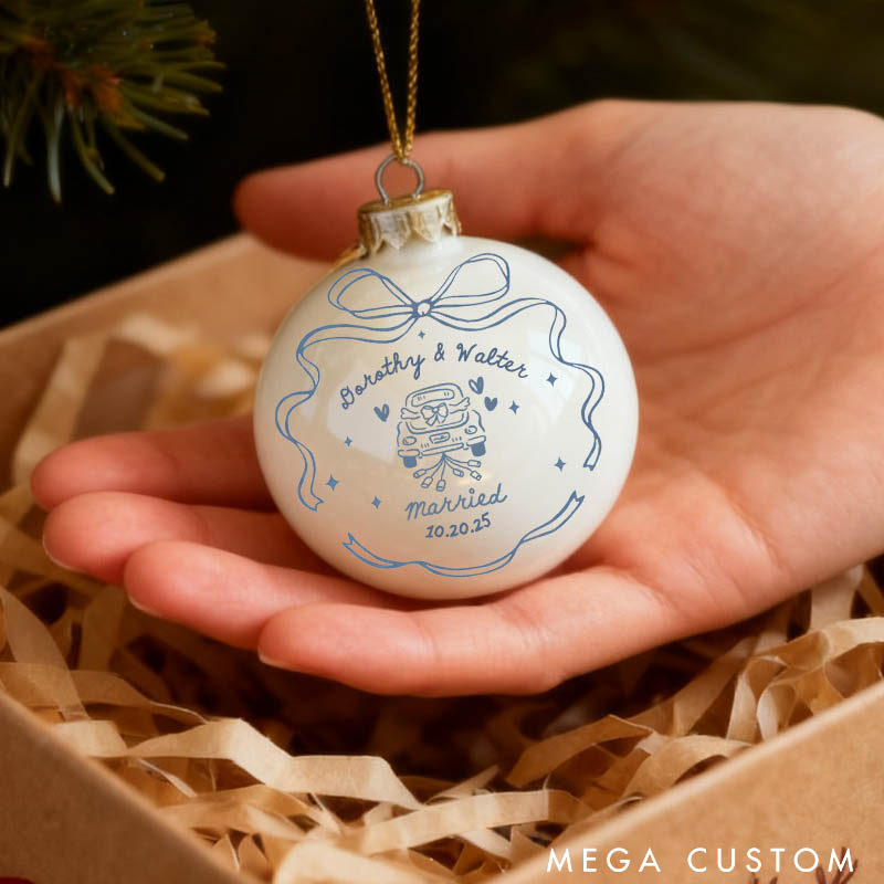 Personalized Our First Christmas as Mr and Mrs Matching Christmas Ball Ornament Set Newlyweds Couple Bow Married Ornament Christmas Gift for Him Her