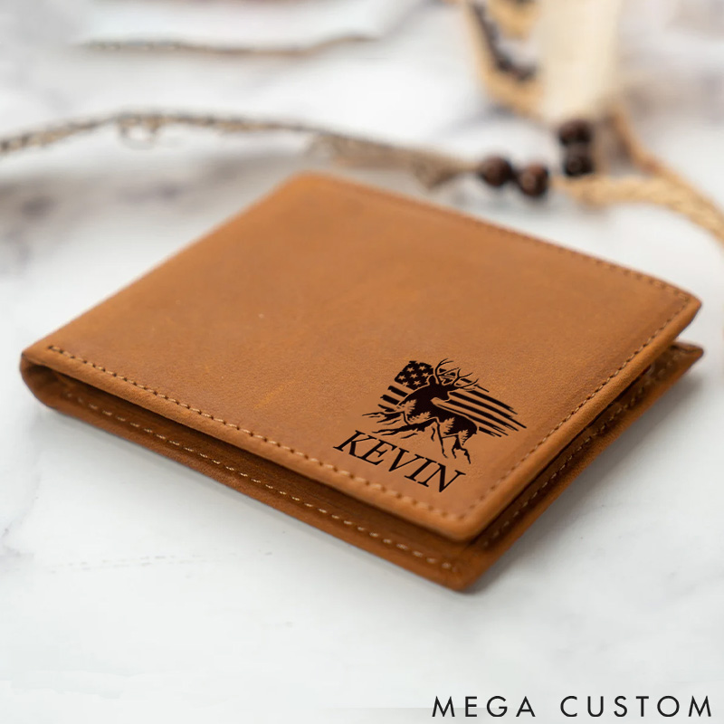 Personalized Deer And Flag Camping Wilderness Adventure Leather Wallet Gift Nature Hiking Lovers