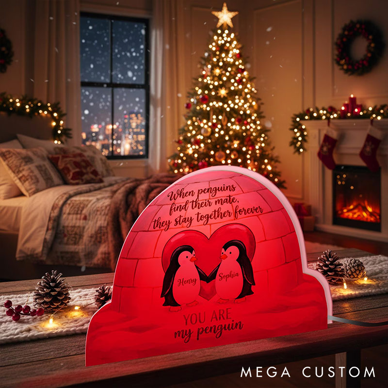 Personalized Couple Penguin Holding Hands Light Box Custom Name Night Light Decor Igloo Heart Decor You are My Penguin Gift for Him Her 