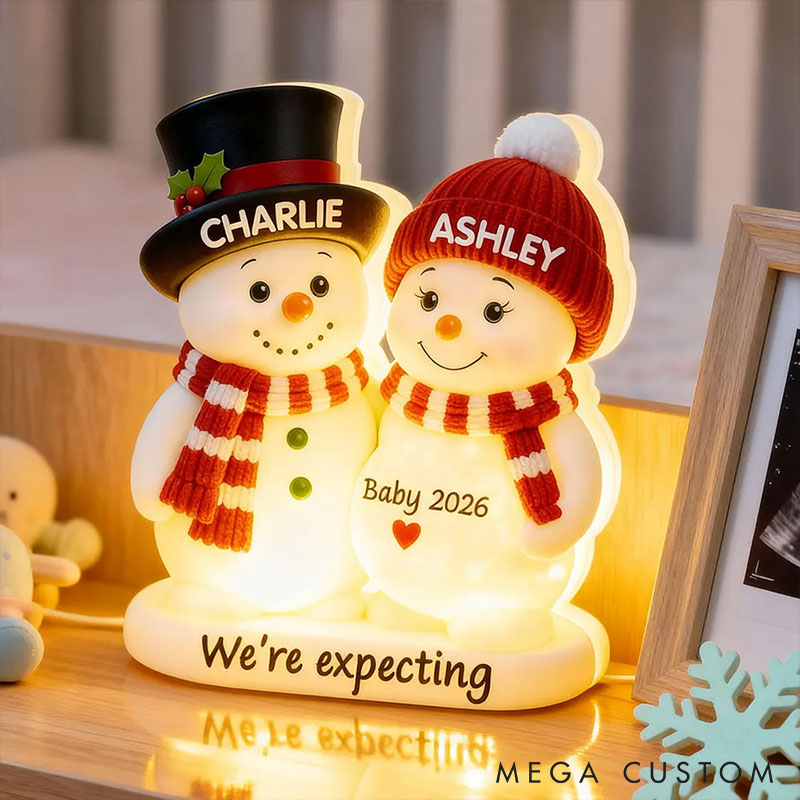 Personalized Couple Snowman Parents We're Expecting Pregnancy Baby Arriving Light Box Custom Night Light Decor Our First Christmas Gift for Him Her