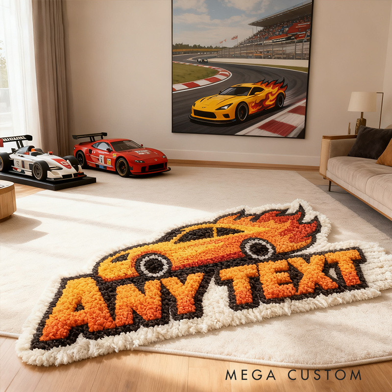 Personalized Racing Flame Shaped Rug Custom Text Sports Car Carpet for Racers and Motorsport Families