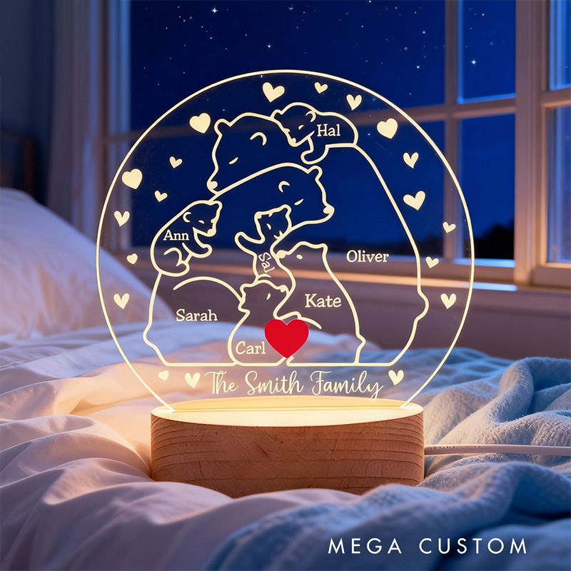 Personalized Heart Bear Family Acrylic LED Night Light with Wooden Base and Text Home Decor Gift for Mom Dad Family Bedroom Living Room Decor