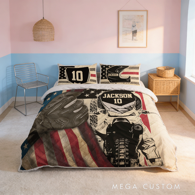 Personalized Motocross Quilt Bed Set Custom Motor Sport Bedding Gift for Dirt Bike Lover 