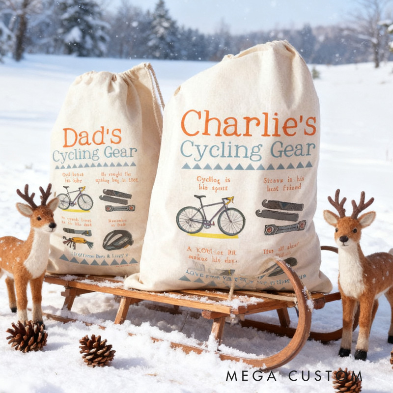 Personalized Merry Christmas Sack Family Christmas Gift Wrap Bag Cycling Storage Sack Mountain Bike Gift Cotton Cycling Kit Sports Bag Gift for Cyclist Bicycle Biker Riding Lovers