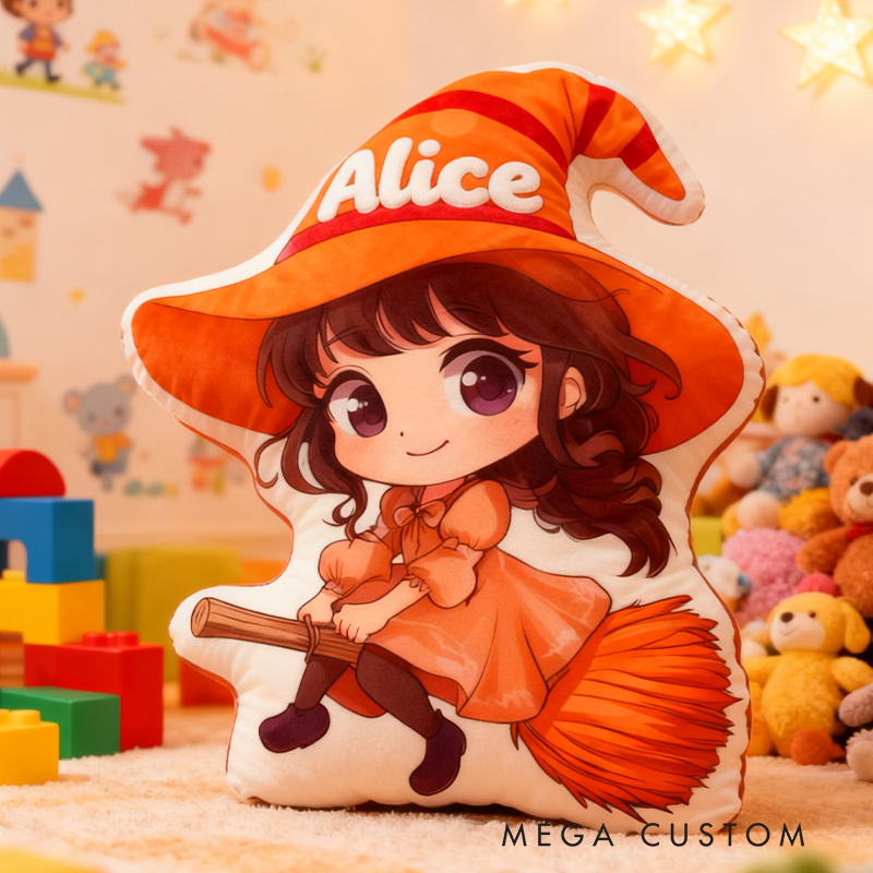 Personalized Graphic 3D Print Magic Witch Pillow with Your Name Soft Stuffed Toy for Kids Unique Decorative Cushion for Girls' Room