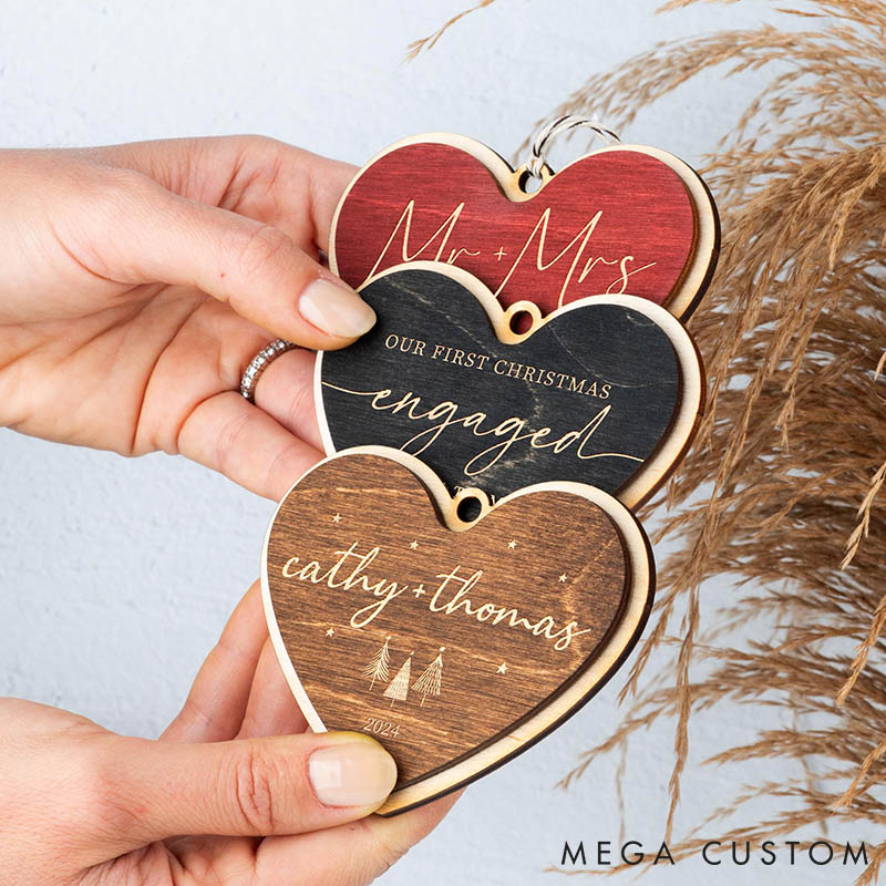 Personalized Couple Our First Christmas Married Wood Hear Shaped Christmas Ornament Custom Mr and Mrs Wedding Engagement Xmas Ornament for Him Her