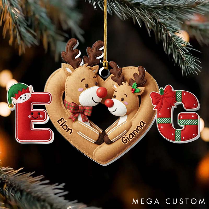 Personalized Couple Faux Fabric Reindeer 2D Flat Printed Acrylic Christmas Ornament Custom Newlywed Name Heart Xmas Ornament Our First Christmas Gift