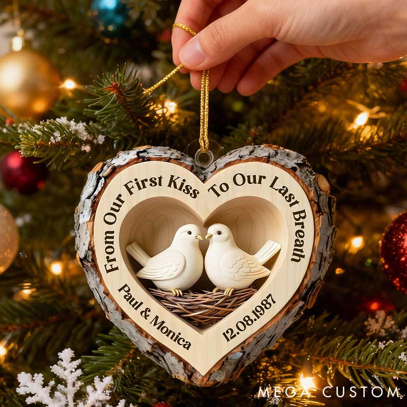 Personalized Couple Faux Wood Love Birds Acrylic Christmas Ornament 2D Flat Printed First Kiss To Last Breath Ornament Anniversary Christmas Gift