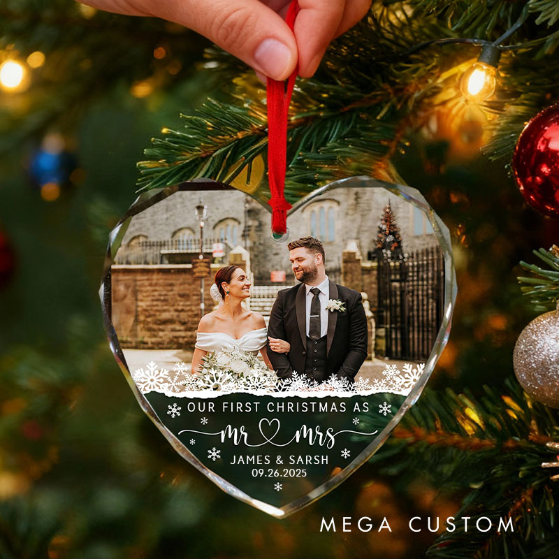 Personalized Couple Wedding Photo Glass Ornament Custom First Christmas Married Glass Ornament Our First Christmas Gift Engagement Gift for Newlyweds