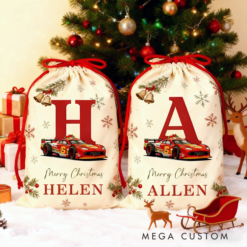 Personalized Initial and Name Racing Car Christmas Sack Custom Gift Bag for Vehicle Lovers and Holiday Decor