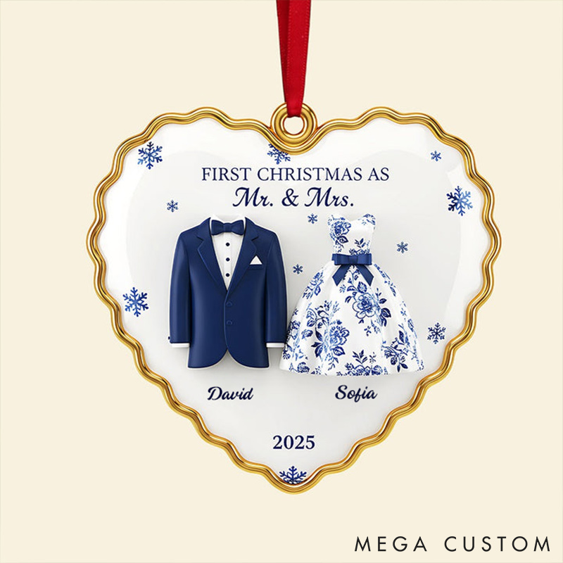Personalized Frist Christmas As Mr Mrs Couple Ornament 2D Flag Heart Shaped Ornament Chrismas Decoration Gift for Newlyweds Gift for Couple