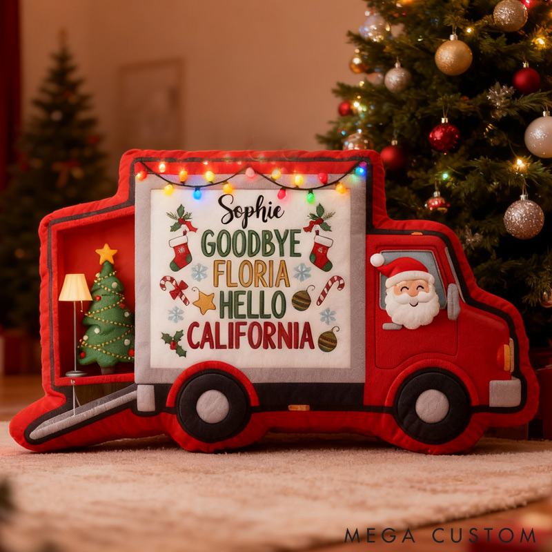 Personalized Moving Truck Pillow Custom Holiday Decoration with Names and Locations Keepsake for New Beginnings and Home Decor Christmas Gifts