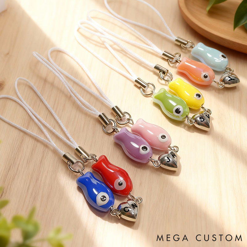 Personalized Couple Magnetic Matching Fish Keychain Set Custom Initials Ceramic Phone Bag Charm Valentine's Day Gift for Him Her Boyfriend Girlfriend