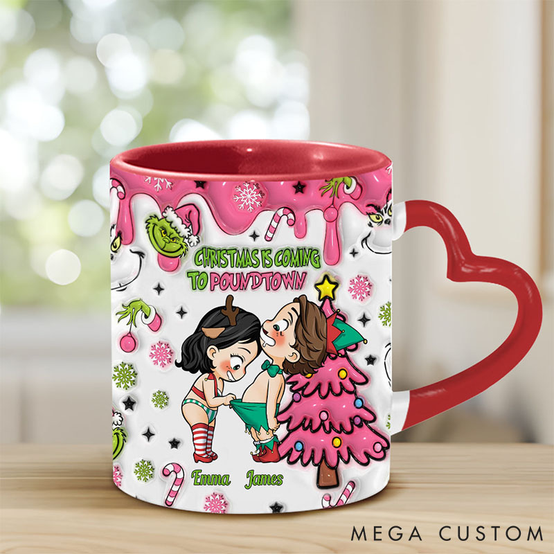 Personalized Couple Christmas Is Coming Ceramic Mug Custom Cute Couple Sex Heart Handle Mug Christmas Gift for Him Her Boyfriend Girlfriend