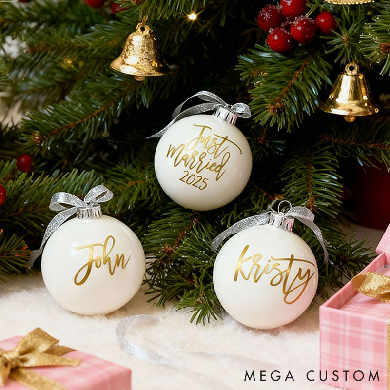 Personalized Just Married Matching Christmas Ball Ornament Our First Christmas Ornament Set For Newlywed Couple Wedding Ornament Keepsake