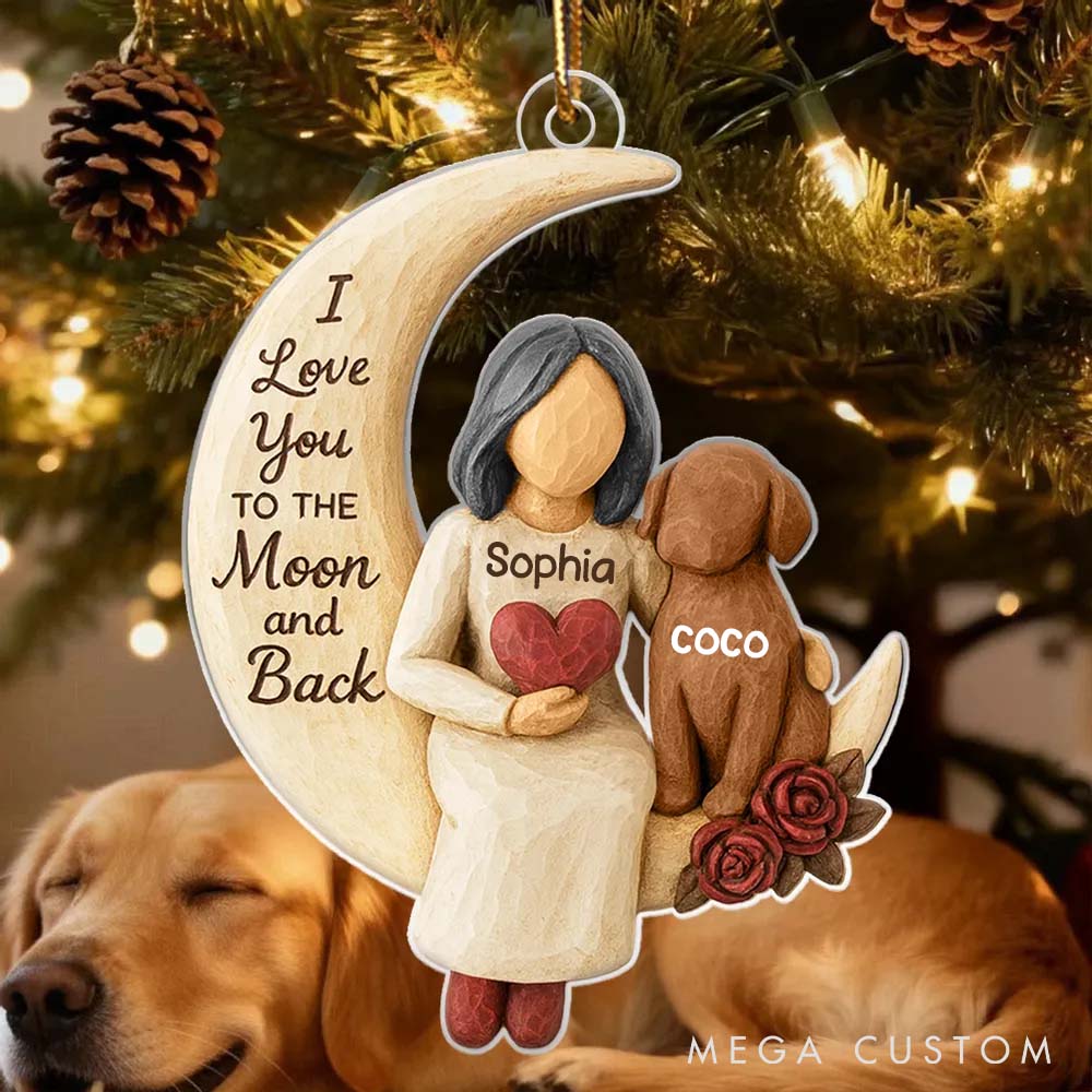 Personalized Dog Lover Woman and Dog Love to the Moon Ornament