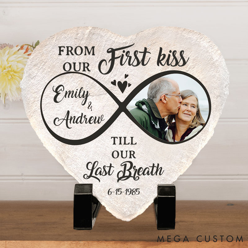 Personalized Couple Photo From Our First Kiss Till Our Last Breath Heart and Square Shaped Stone with Stand First Christmas Gift Valentine's Day Gift
