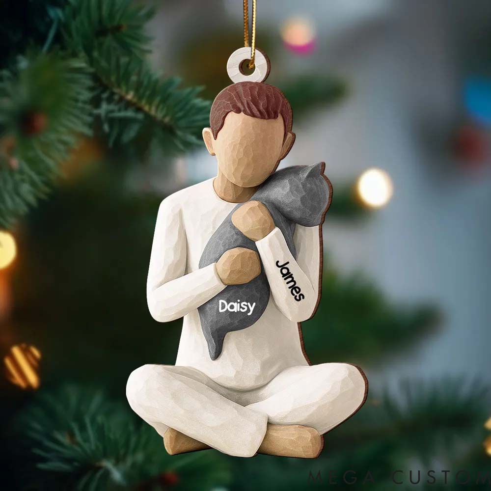 Personalized Cat Lover Woman Hugging Cat Christmas Ornament