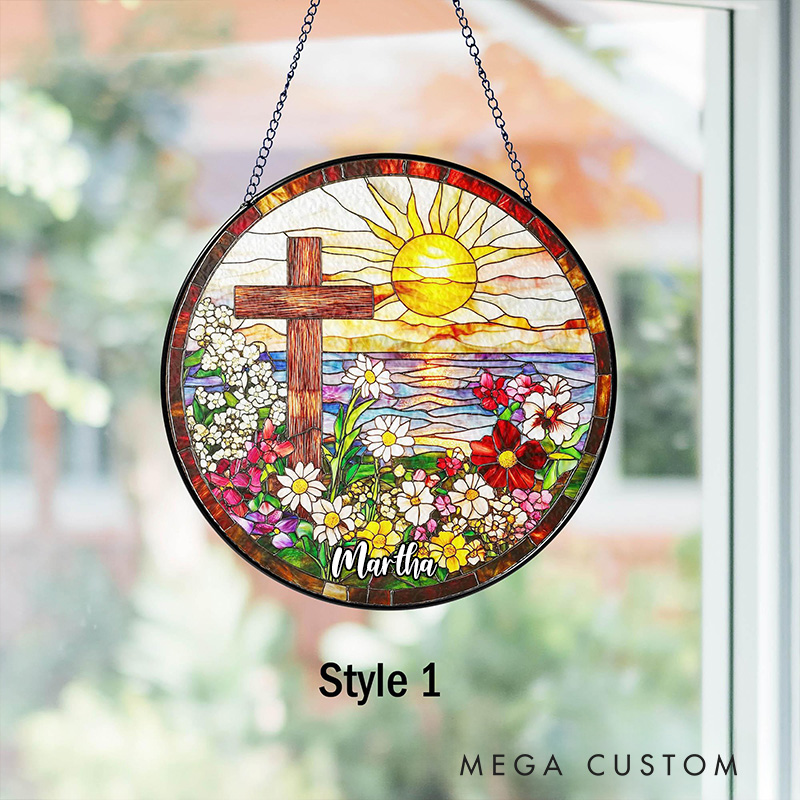 Personalized Cross Wildflowers Stained Glass Suncatcher Ornament with Name Window Balcony Hanging Decor Home Decor Religious Faith Gift