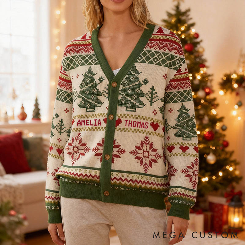 Personalized Couple Vintage Christmas Tree and Snowflakes Christmas Cardigan Sweater Newlyweds Matching Ugly Sweater Cozy Christmas Outfit for Him Her