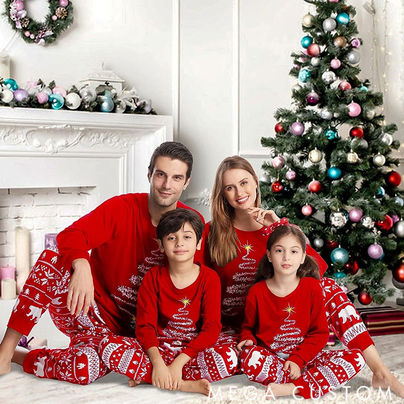 Personalized Christmas Pajamas for Family, Matching Family Christmas PJs Sets Christmas Tree Printed Top Sleepwear Festive Christmas Pajama Sets