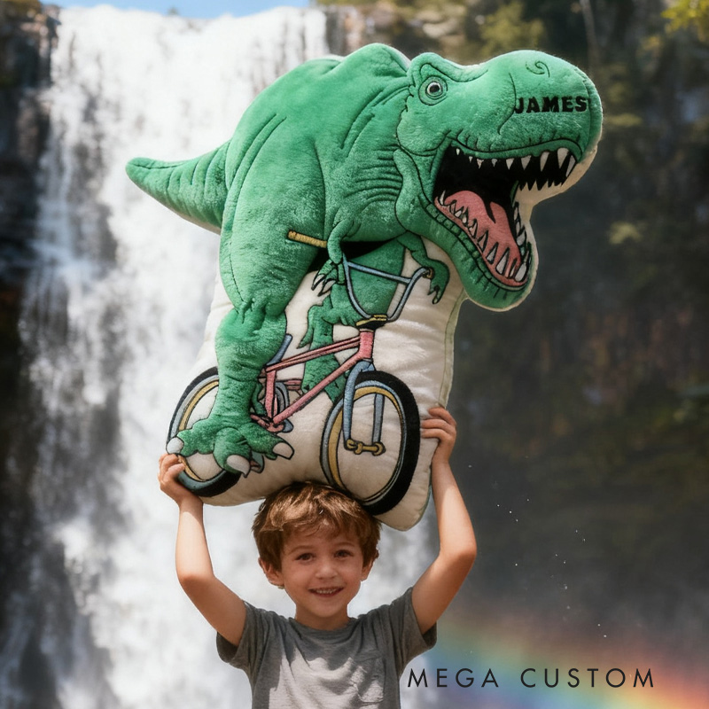 Personalized Dino Rider Bike Pillow Cozy Graphic 3D Print Dino Pillow Name Pillow Comfortable Travel Cushion for Kids Boys Riding Lovers
