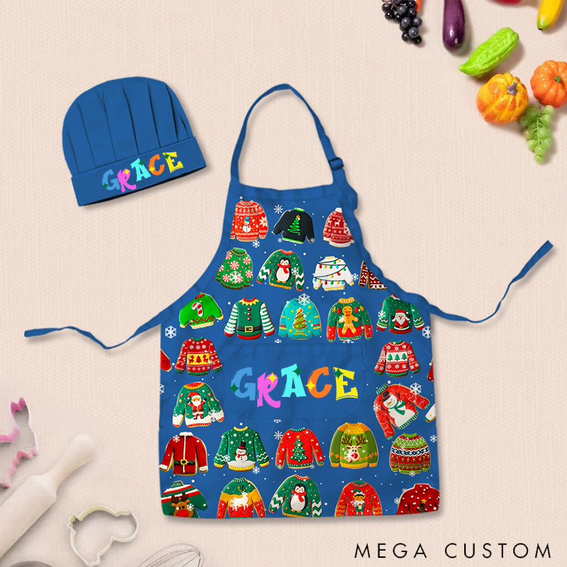 Personalized Ugly Sweater Baking Cookies Adjustable Kid Apron Chef Hat Set with Pocket and Name for Christmas Baking Birthday Holiday Gift for Kids