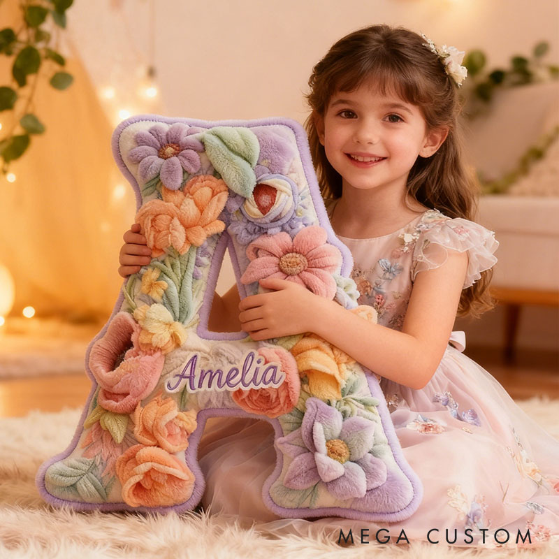 Personalized Flower Girl Purple Floral Graphic 3D Printed Pillow Custom Girl friend Name Cushion Valentine's Day Gift Christmas Gift for Her