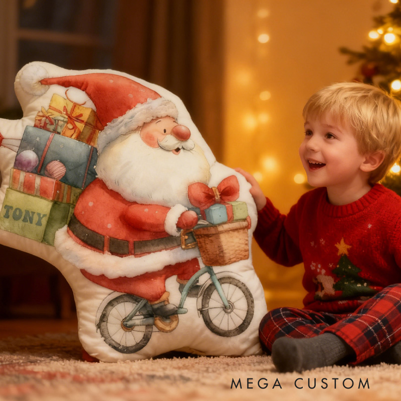 Personalized Xmas Gifts Bike Pillow Cozy Santa Chirstmas Graphic 3D Print Bow Pillow Name Pillow Comfortable Travel Cushion for Kids Riding Lovers
