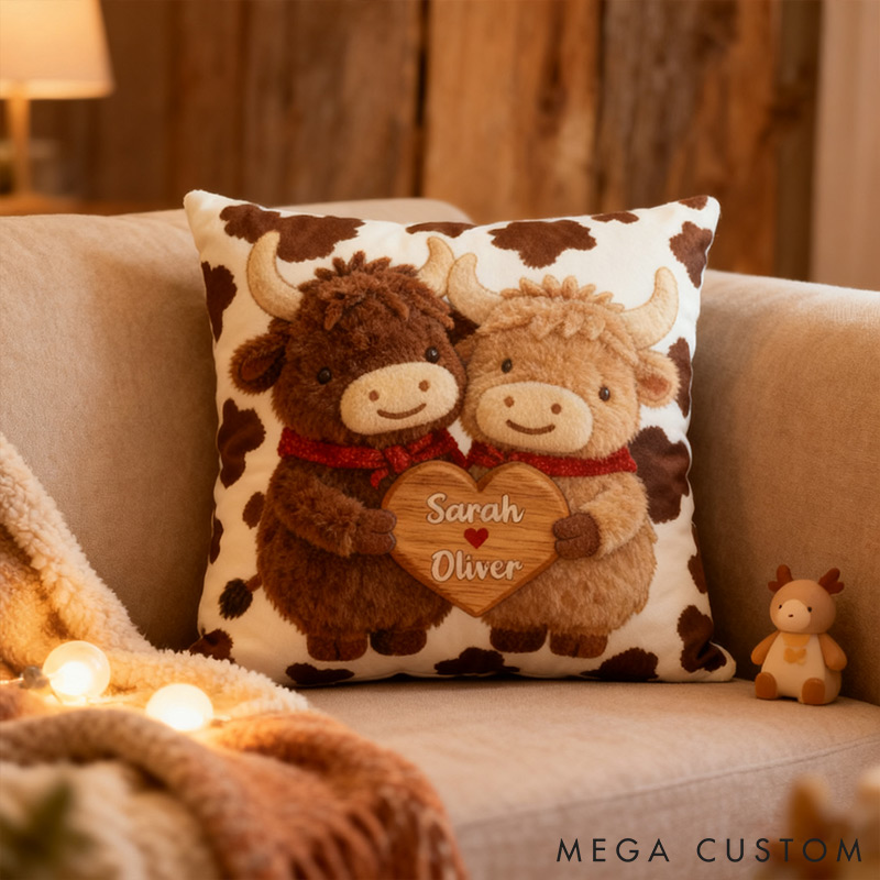 Personalized Couple Highland Cow Design Custom Names Newlyweds Couple Home Pillow Romantic Anniversaries Gift for Husband Wife Home
