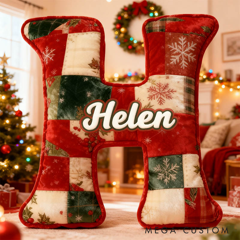 Personalized Girl friend Christmas Patchwork Graphic 3D Printed Pillow Custom Flower Girl Name Christmas Cushion Christmas Gift for Him Her Couple