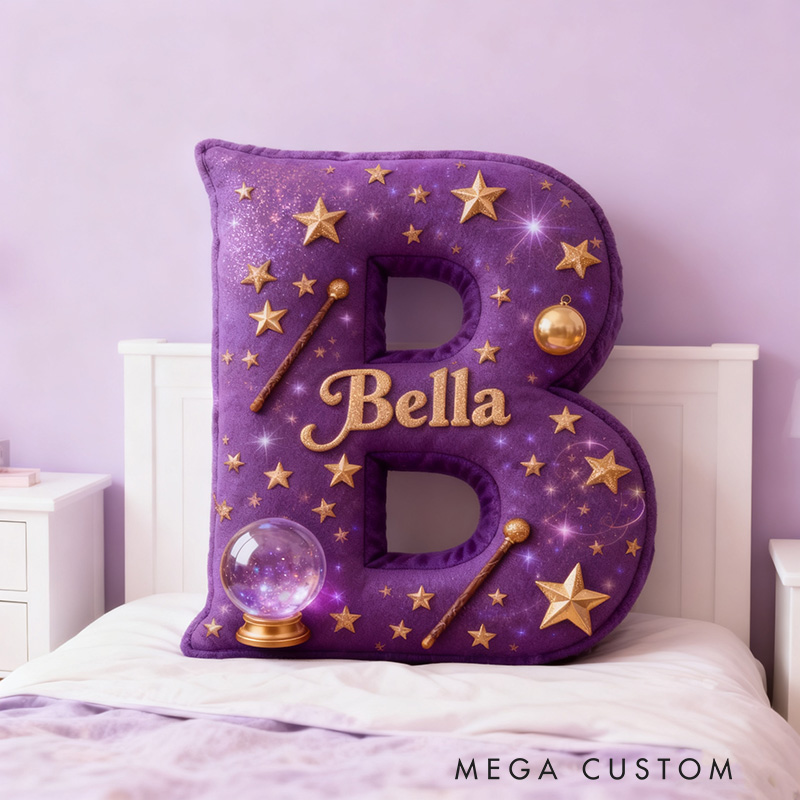 Personalized Magic Letter Pillow Decorated with Magic Ball Magic Wand Stars Graphic 3D Print Pillow for Kids and Magic Lovers