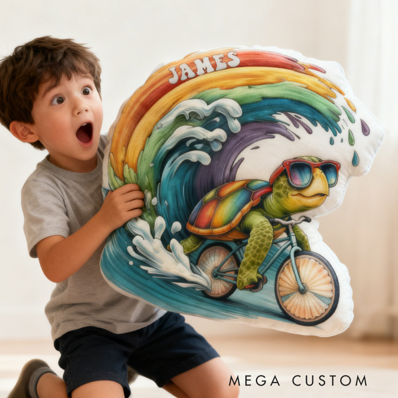 Personalized Sea ​​Turtle Rider Bike Pillow Cozy Graphic 3D Print Cool Racing Biker Rainbow Ocean Pillow Name Pillow Comfortable Travel Cushion for Kids Boys Riding Lovers