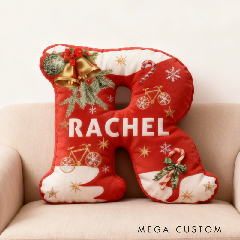 Personalized Red Christmas Letter Pillow Custom Name Festive Decor with Bicycle Snowflake Christmas Gifts for Family Graphic 3D Print Cycling Riding Lovers