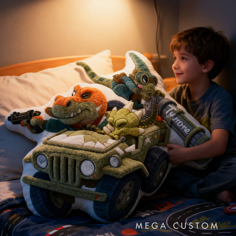 Personalized Jeep Dinosaur Pillow with Custom Name Kids Room Decor Gift for Boys Christmas Gift 3D Print